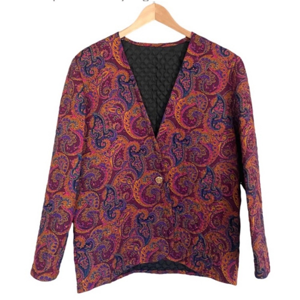 Vintage 80s purple orange paisley quilted suit jacket and full skirt  M handmade
